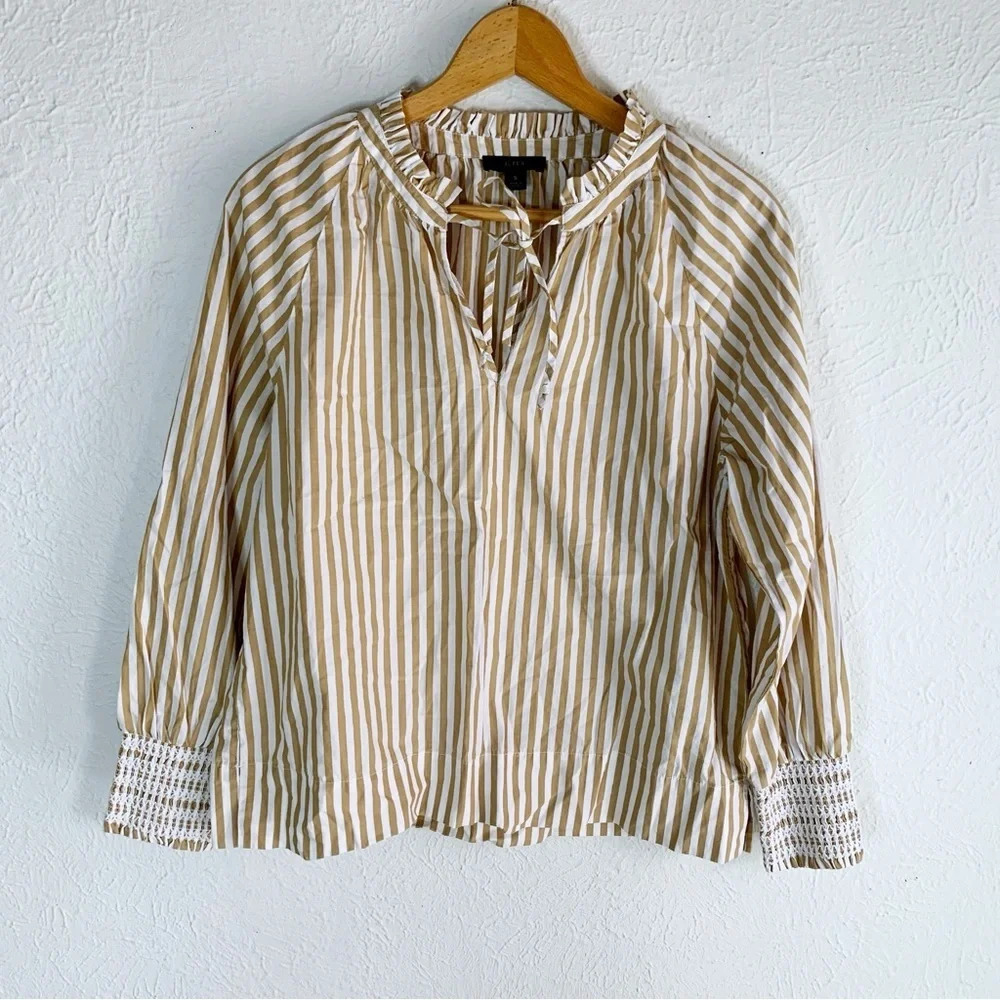 J crew Smocked-cuff popover top in tan stripes Sz Small